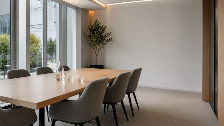 An empty meeting room with a long table and chairs