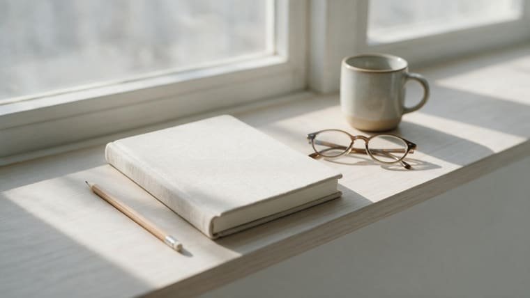 A notebook, pencil and reading glasses on a windowsill