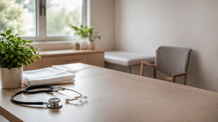 A clinician&rsquo;s stethoscope on a consulting desk