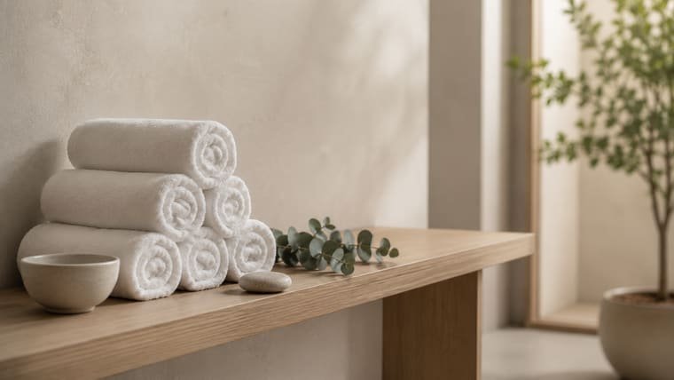 Rolled towels and a eucalyptus sprig on a shelf